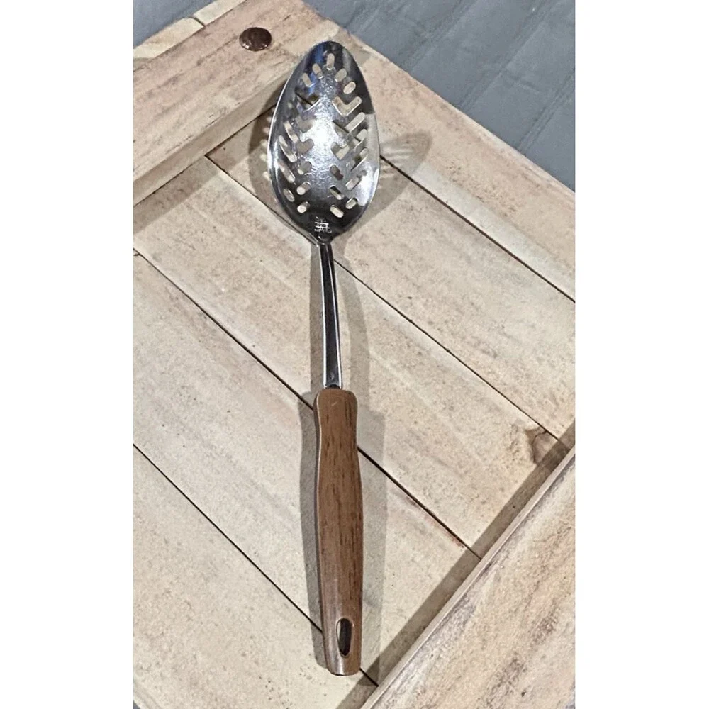 Vintage EKCO USA Stainless Steel Serving Spoon Utensil Woodgrain Handle